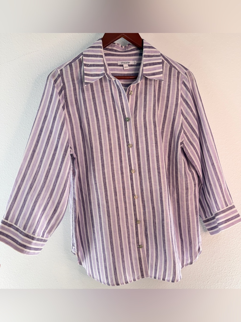 Chicos Plum Purple Striped 100% Linen Button Front Top Boho Cottage Minimalist M